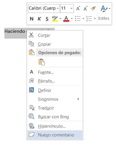 comentario en Word