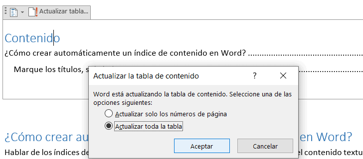 índice de contenido en Word